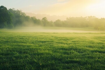 A panoramic view of a lush green meadow bathed in the golden light of dawn, with a gentle mist rising from the ground