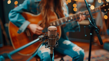 Close-Up Shot of Girl Recording Guitar and Vocals with Microphone in Focus.
