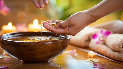 A photo of a peaceful foot massage in a spa, hands applying fragrant oil, with soft towels and a water basin in the background - obrazy, fototapety, plakaty
