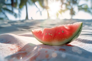 A sliced watermelon wedge on a beach towel, glistening with juice, palm trees casting shadows in the background - obrazy, fototapety, plakaty