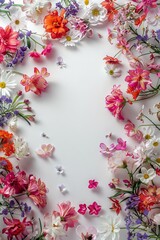 Assorted vibrant flowers arranged on white background. colorful flowers meticulously arranged on a white backdrop displaying a brilliant spectrum of colors and showcasing a variety of species