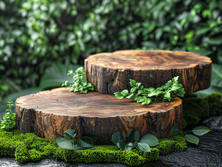 Mock up Wooden podium product display in greenery, leaves and flowers, over the nature background, eco product advertisement
