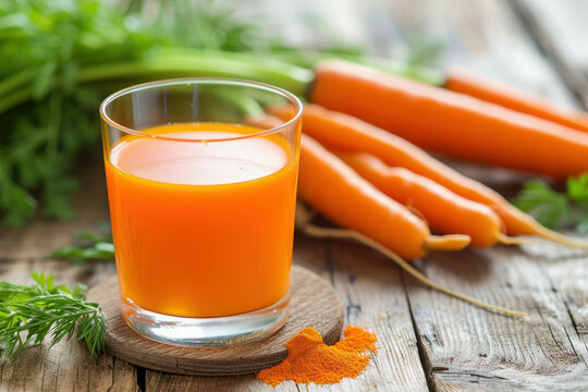 Elevate your designs with this high-resolution stock photo of carrots and juice on a wooden table, offering a glimpse of healthy living. AI generative.