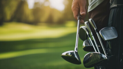 Experience the excitement of golfing with this closeup shot of a hand retrieving a club from the bag, perfect for leisure enthusiasts. AI generative. - obrazy, fototapety, plakaty