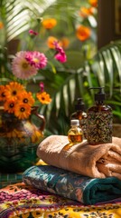 Fototapeta premium colorful towels, a patterned robe, a person receiving a massage with exotic floral oils