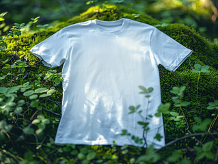 White Bella Canvas Tshirt mock up in greenery, leaves and flowers, over the nature background, eco product advertisement. shirt