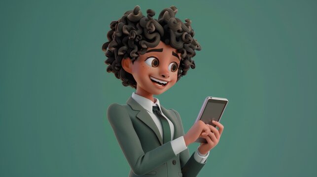 A curly-haired female anime student with a smartphone in her right hand and a tablet PC in her left is smiling. I'm wearing a blazer and pants. Looking back at you, the background is