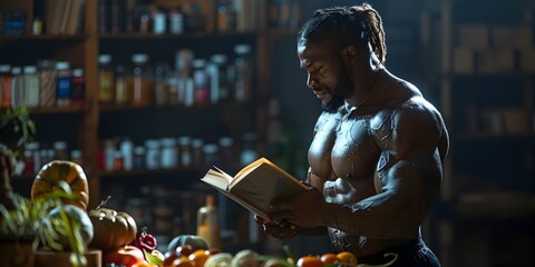 A muscular bodybuilder intently studying a book on nutritional science a dedicated scholar of sustenance and wellness