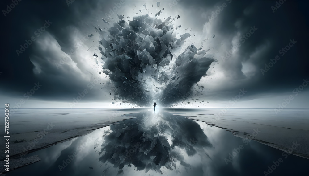 Poster a fragmented mirror, with each shard reflecting a distorted, pained expression