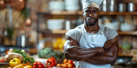 Muscular Chef Focused on Preparing Healthy Ingredients in a Cooking Class