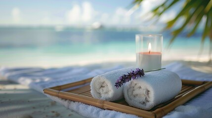 Close-up of a white rolled towel, a sprig of lavender, and a flickering candle on a bamboo tray overlooking a tropical beach - obrazy, fototapety, plakaty