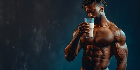 Fototapeta na wymiar Muscular Man Choosing Almond Milk in Dramatic Lighting