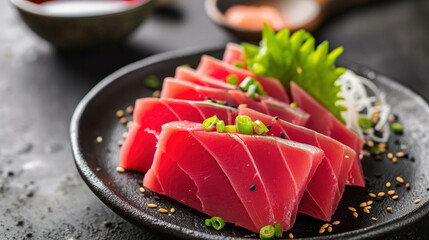 Indulge in the exquisite taste of fresh tuna sashimi captured in this high-quality advertisement photography, offering stunning details in 8K resolution. AI generative. - obrazy, fototapety, plakaty