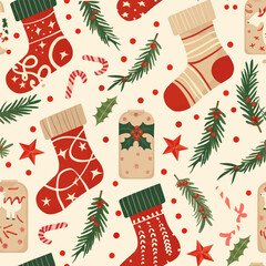 New Year pattern with fir trees and gift socks. festive winter print for fabric and print