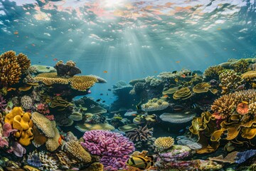 Fototapeta na wymiar Panoramic view of a colorful coral reef teeming with fish, sunlight dappling through the water