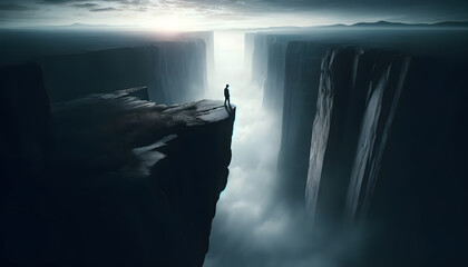 A lone figure stands at the edge of a precipice, overlooking a vast chasm or abyss, symbolizing the imminent risk and the thin line between safety and danger. - obrazy, fototapety, plakaty