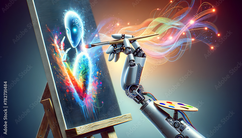 Poster the fusion of technology and artistic expression, a paintbrush with circuits and digital elements wo
