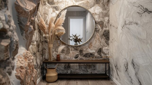 As you enter the home a hallway is lined with textured wallpaper in shades of stone gray and taupe mimicking the look and feel of a natural rock formation. In the center of the hallway .