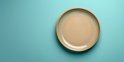 White and Gold Plate on Blue Background. Generative AI