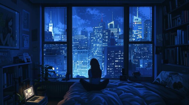 Anime artistic image of girl at night in new york city apartment with a full room during night traffic studing relaxing