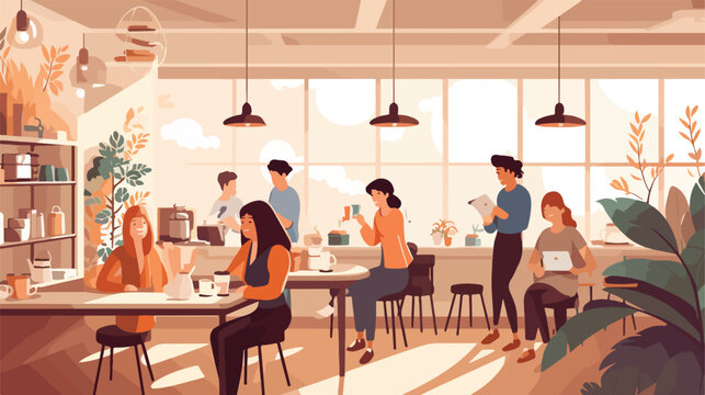 Coffee shop interior vector illustration. Young men