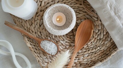Fototapeta na wymiar Top-view shot of a textured spa arrangement: woven tray, textured ceramic oil holder, textured bath salts, rough wooden spoon, and a flickering candle