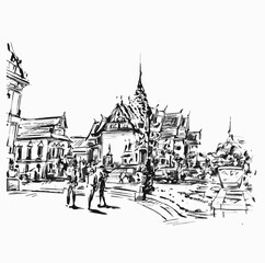 Naklejka na ściany i meble Drawing of Tourists at temple in Thailand