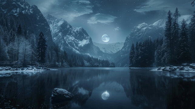 The stillness of a moonlit lake contrasted against the jagged peaks that surround it creating a serene yet haunting atmosphere. . .