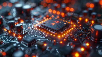 Circuit component closeup on motherboard in electric blue