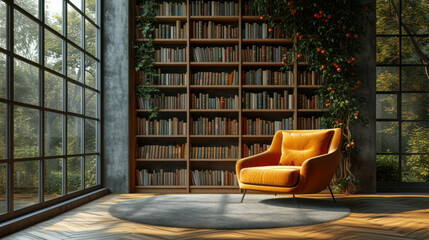Discover a Scandinavian bookcase with an armchair in a modern, cozy interior. AI generative technology enhances the ambiance. - obrazy, fototapety, plakaty
