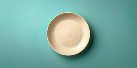 White Plate on Blue Wall. Generative AI - obrazy, fototapety, plakaty