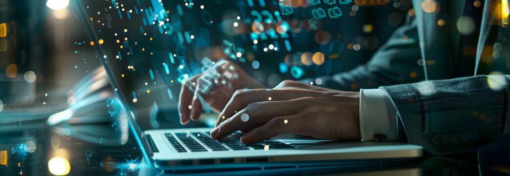 Man Typing Keyboard Laptop Hand.Project Manager Researching Process.Business Team Working Startup modern Office.Global Strategy Virtual Icon.Innovation Graphs Interfaces.Analyze market stock.Blurred.