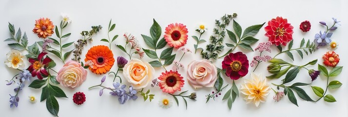 Obraz premium Assorted vibrant flowers arranged on white background. colorful flowers meticulously arranged on a white backdrop displaying a brilliant spectrum of colors and showcasing a variety of species