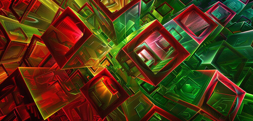  Fractal squares in warm reds and cool greens, an intricate dance of color.