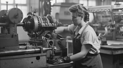 Fototapeta premium Clad in a rugged apron and heavy work gloves a machinist operates a large machine its rhythmic movements indicative of the steady progress being made in the creation of a complex mechanical .
