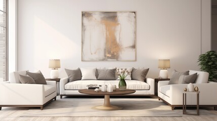 Fototapeta na wymiar A trendy modern living room featuring a cozy sofa adorned with stylish throw pillows, set against a blank wall ready for personalization with artwork or decor.
