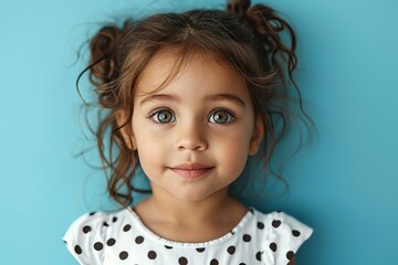 Cute little girl with curly hair on blue background, closeup