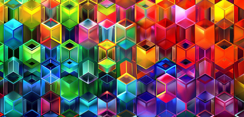Geometric cubes form an optical illusion, a three-dimensional kaleidoscope in vibrant colors.