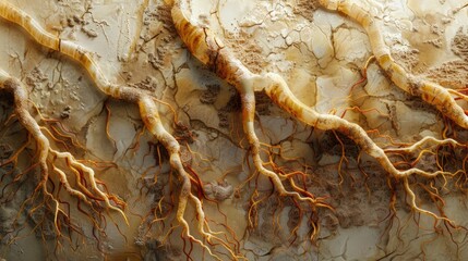 Organic prebiotic roots, painted digitally with a focus on the textures and earthy tones, highlighting the importance of dietary fibers