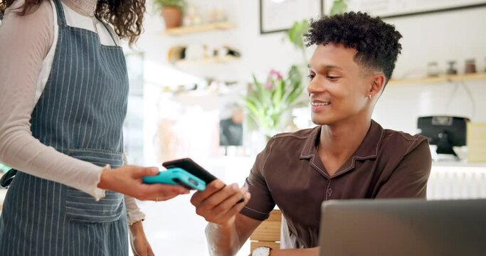 Man, pos and phone for payment in coffee shop, ecommerce and transaction on electronic machine. Black male person, digital scanner and customer for tap purchase, internet currency and online service