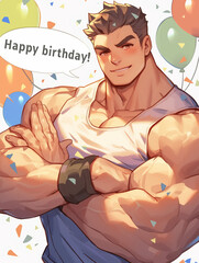 Happy birthday, muscular man, handsome guy, anime, celebration, birthday wishes, birthday cake, birthday card, birthday message, bodybuilder, gym