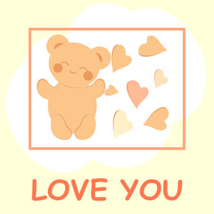 Cute teddy bear in kawaii style with hearts in a frame and the inscription love you. Minimalistic universal card.