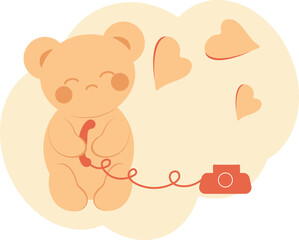 Cute sad teddy bear in kawaii style with hearts and a telephone receiver. Minimalistic universal card - obrazy, fototapety, plakaty
