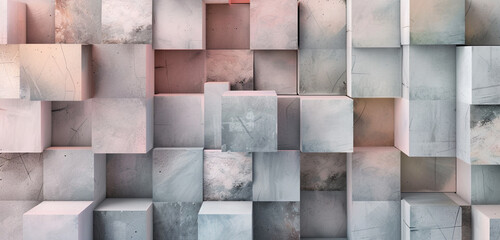 Geometric cubes in muted grays and subtle pinks, an abstract exploration.
