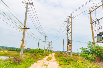 A road covered with telephone poles in the countryside of Xuwen, Zhanjiang, Guangdong, China