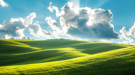 Landscape with clouds resting on a green hillside in sunlight.