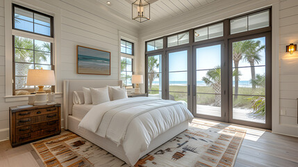 Obraz premium Bedroom - Beach house - wrm white with stained wood trim - meticulous symmetry - coastal design - casual flair - windows