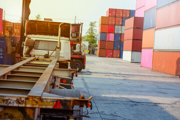 Pictures of shipping yards and loading of trucks and containers