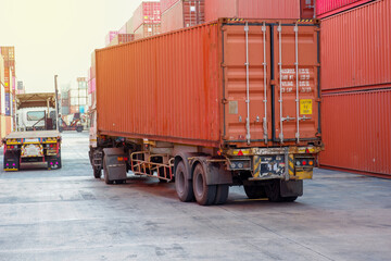Pictures of shipping yards and loading of trucks and containers