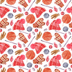 Seamless pattern with knitted pink hats, buttons, pompoms and embroidery, knitting tools. Hand drawn watercolor illustrations, winter craft background.print on fabric, hobby boxes, paper.